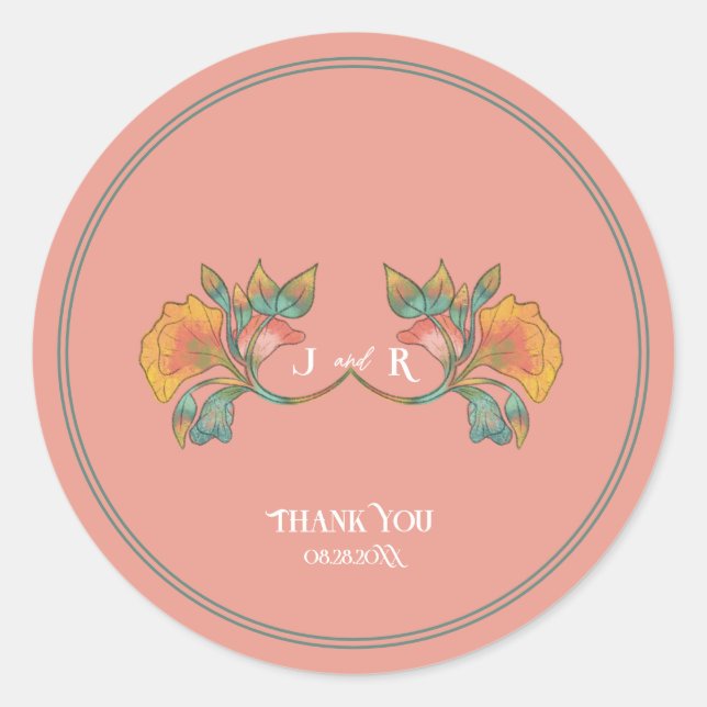 Adesivo Redondo Casamento Pink Watercolor Art Nouveau (Frente)