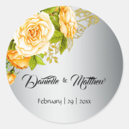 Adesivo Redondo Casamento prateado com Buquê rosa amarelo