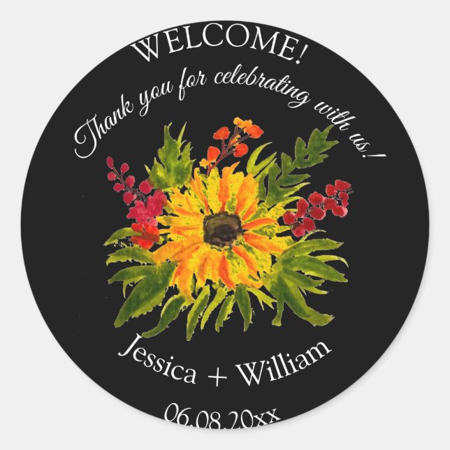 Adesivo Redondo Casamento Preto de Cores Negras Rústico de Girasso (Frente)