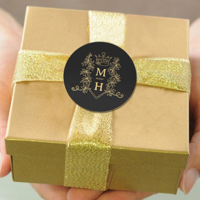 Adesivo Redondo Casamento preto de ouro com crista cardíaca monogr (Criador carregado)