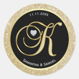 Adesivo Redondo Casamento preto Dourado elegante da letra "K" do