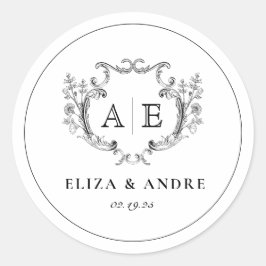 Adesivo Redondo Casamento preto e branco do Monograma Elegante