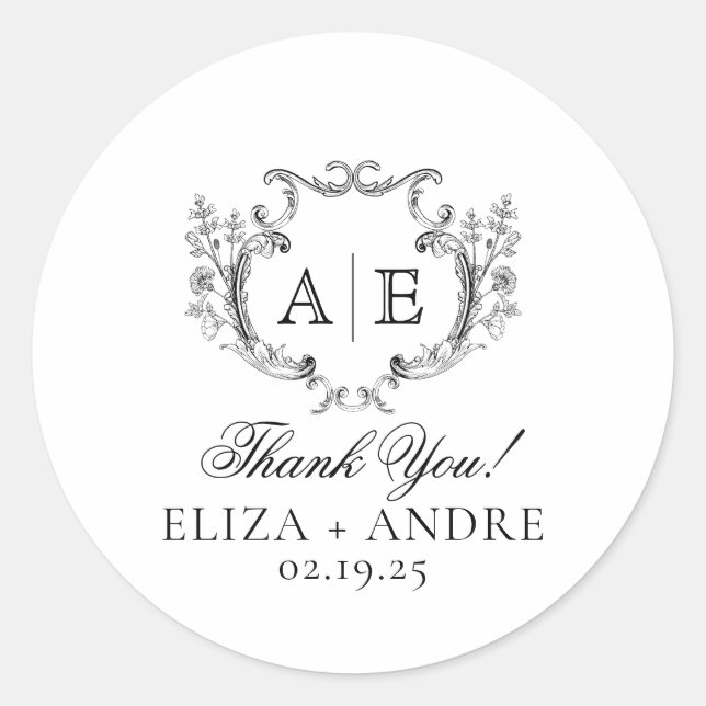Adesivo Redondo Casamento preto e branco do Monograma Elegante (Frente)