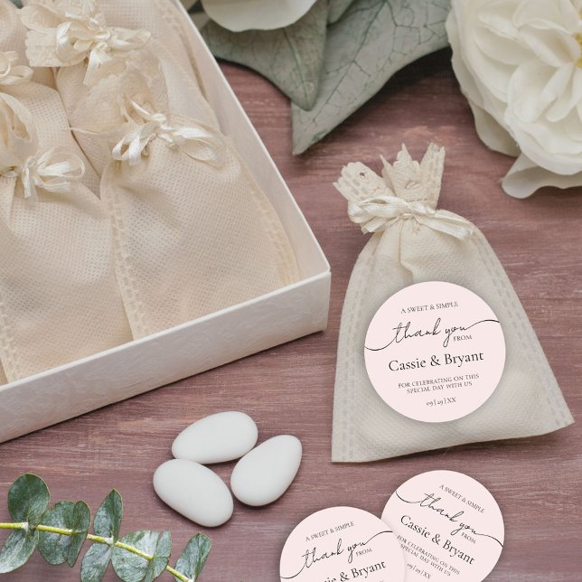Adesivo Redondo Casamento Preto e Branco Moderno Miminal Obrigado (blush pink wedding thank you stickers for favor bags)