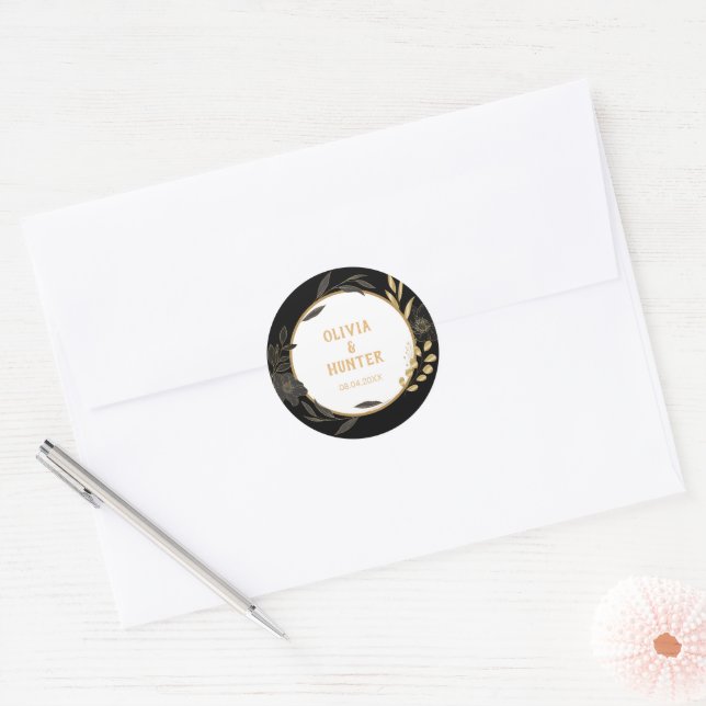 Adesivo Redondo Casamento Preto Elegante, Preto e Branco (Envelope)