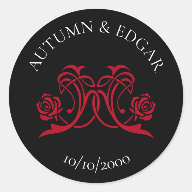 Adesivo Redondo Casamento Preto Rosa Gótico Vermelho (Frente)