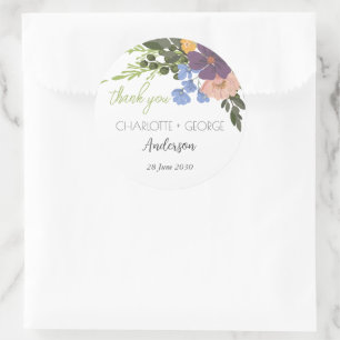 Adesivo Redondo Casamento Purple Floral e Greenery Obrigado