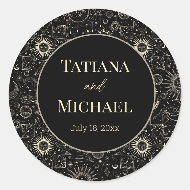 Adesivo Redondo casamento quic do ouro negro místico moderno (Frente)