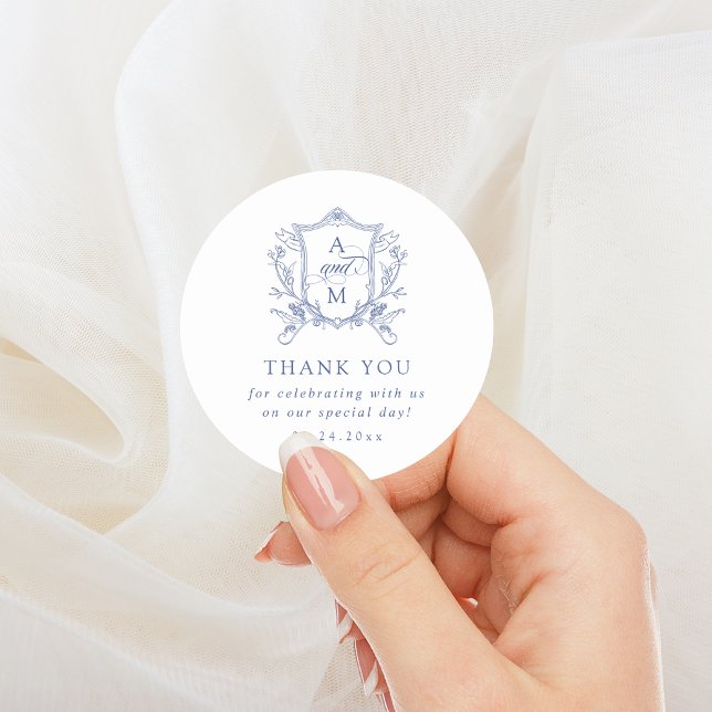 Adesivo Redondo Casamento Real Blue Vintage Crest Obrigado (Criador carregado)