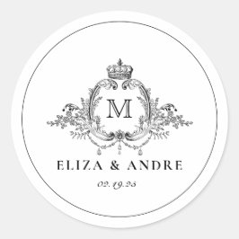 Adesivo Redondo Casamento Real Crest Elegante Wreath Monograma