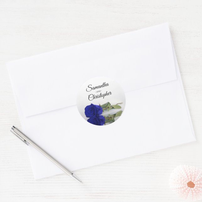 Adesivo Redondo Casamento Real de Rosa Azul Espelhado Elegante (Envelope)