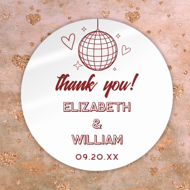 Adesivo Redondo Casamento Red Retro Disco Groovy 70s Obrigado (Red Retro Disco Groovy 70s Wedding Thank You Classic Round Sticker)