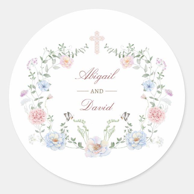 Adesivo Redondo Casamento Religioso de Moldura Floral Elegante (Frente)