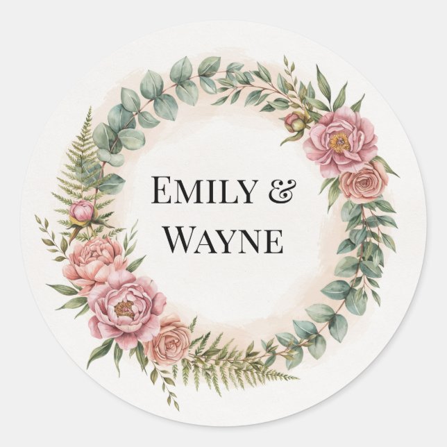 Adesivo Redondo Casamento Romântico com Flores Rosa e Vegetação (Frente)