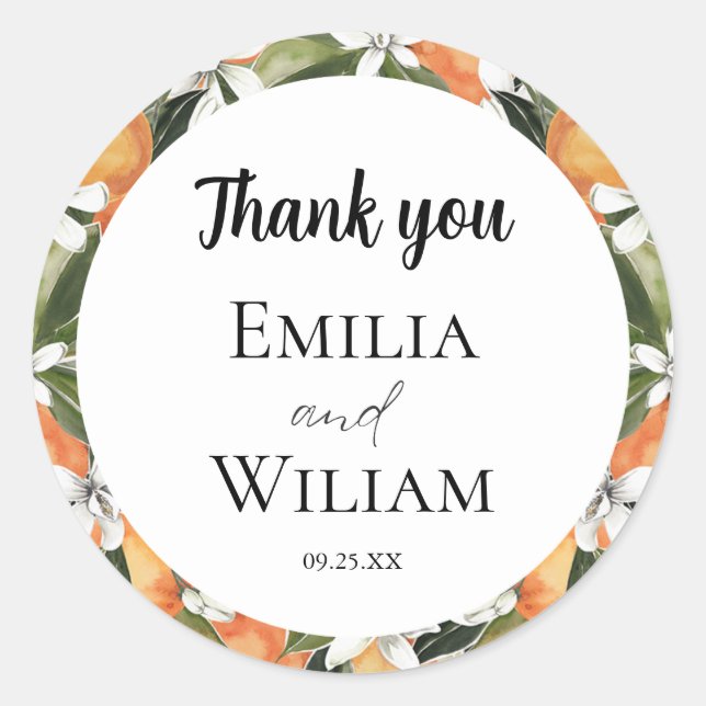 Adesivo Redondo Casamento Romântico de Laranjas Citrinas (Frente)