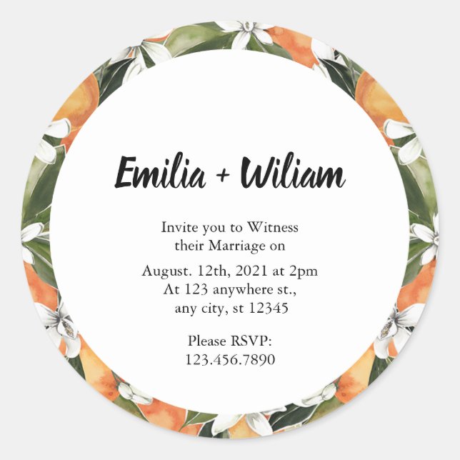 Adesivo Redondo Casamento Romântico de Laranjas Citrinas (Frente)