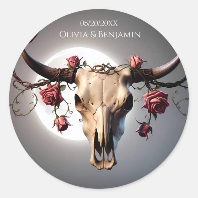 Adesivo Redondo Casamento Romântico Medieval do Crânio de Vaca (Frente)