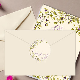 Adesivo Redondo Casamento Romântico Roxo e Azul Floral Obrigado