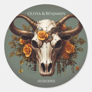 Adesivo Redondo Casamento Romântico Steampunk Floral Cow Skull