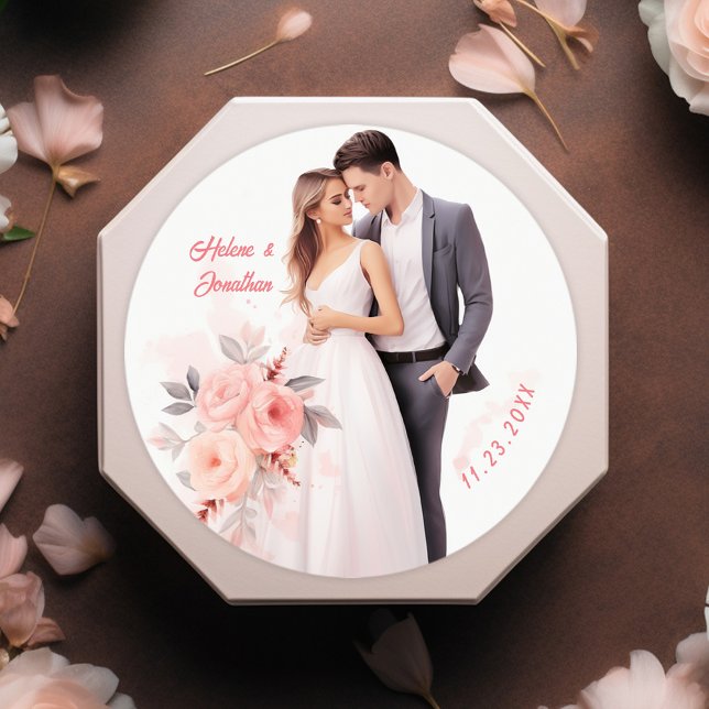 Adesivo Redondo Casamento Romântico Único de Casais (Unique Romantic Couple Wedding Classic Round Sticker)