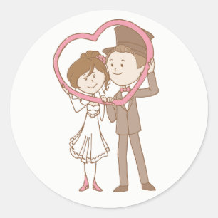 Adesivo Redondo Casamento Rosa E Marrom Noiva Noivo Desenho Animad