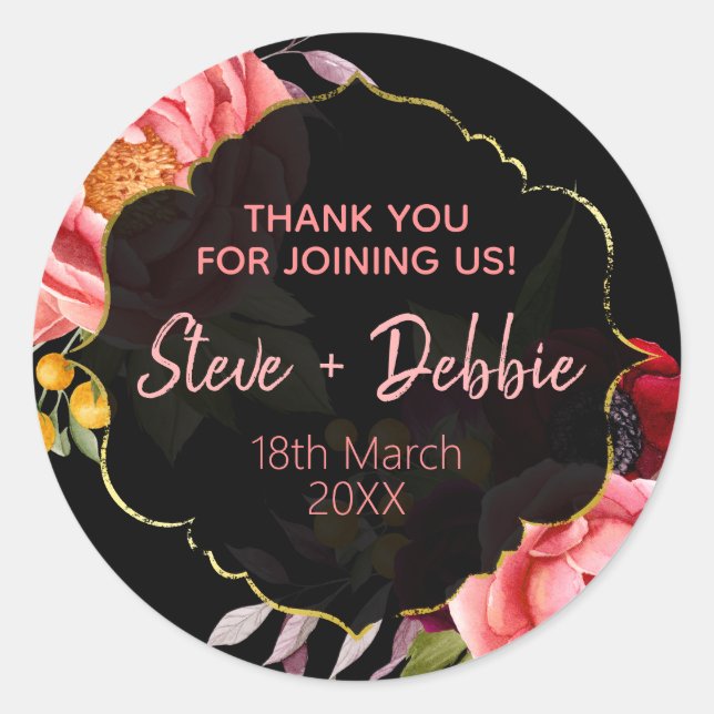 Adesivo Redondo Casamento Rosa Negro Obrigado Lip Balm Soy Candle (Frente)