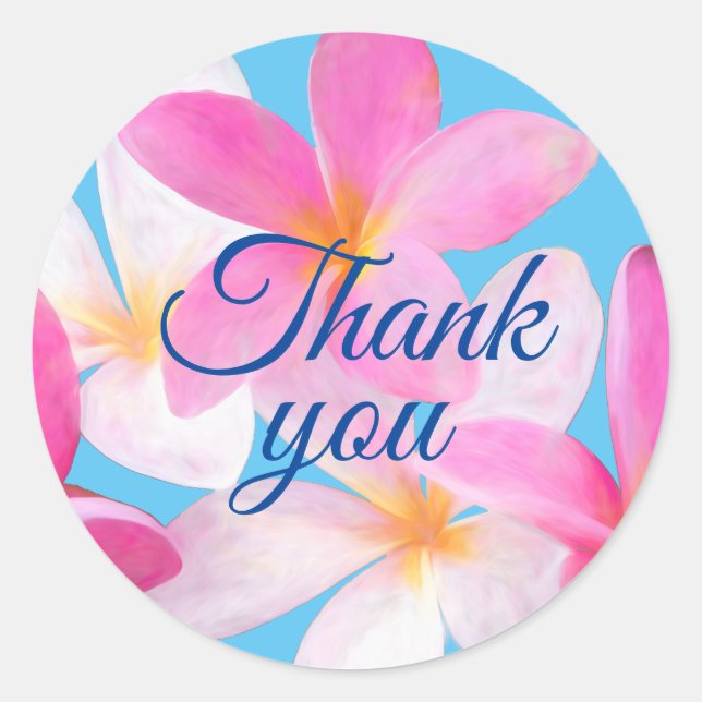 Adesivo Redondo Casamento Rosa Tropical de Praia Obrigado (Frente)