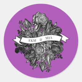 Adesivo Redondo Casamento Roxo Elétrico de Rosas Negras e Brancas