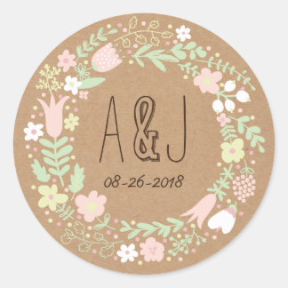 Adesivo Redondo Casamento Russo Boho Pastel Floral Wreath