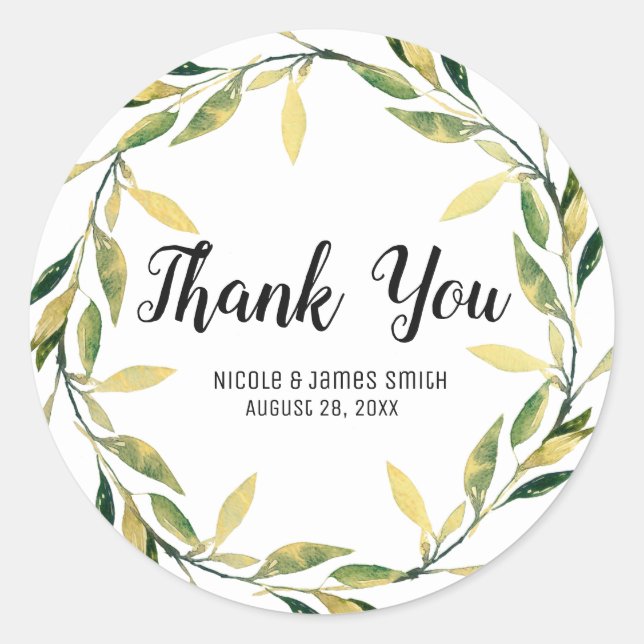 Adesivo Redondo Casamento Russo Dourado de Folha Verde Botânica (Frente)