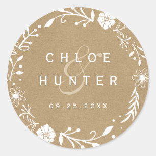 Adesivo Redondo Casamento Russo Floral Botânico Faux Kraft