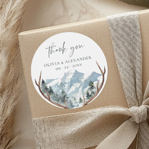 Adesivo Redondo Casamento Rustic Antlers Mountain Obrigado