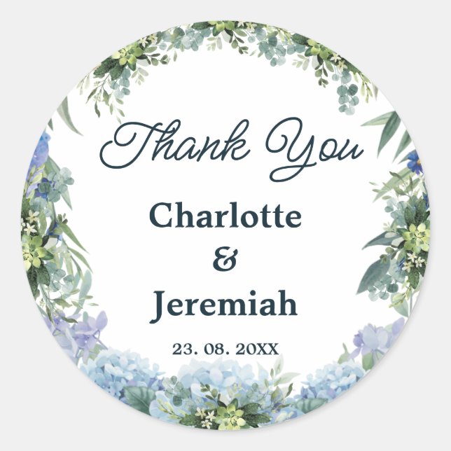 Adesivo Redondo Casamento Rustic Blue Floral Wreath Greenery (Frente)