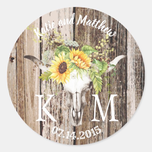 Adesivo Redondo Casamento Rustic Boho Longhorn Sunflower Monograma (Frente)