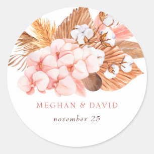 Adesivo Redondo Casamento Rustic Boho Pampas Orchids Cotton Blush