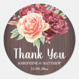 Adesivo Redondo Casamento Rustic Burgundy Floral Watercolor