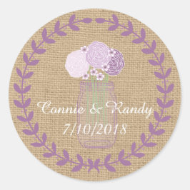 Adesivo Redondo Casamento Rustic Burlap e Purple Mason Jar Flowers
