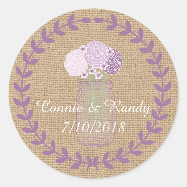 Adesivo Redondo Casamento Rustic Burlap e Purple Mason Jar Flowers (Frente)