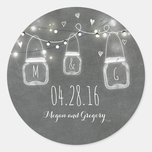 Adesivo Redondo Casamento Rustic Chalkboard Mason Jar Lights (Frente)
