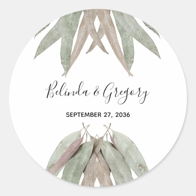 Adesivo Redondo Casamento Rustic Eucalyptus Leaf (Frente)
