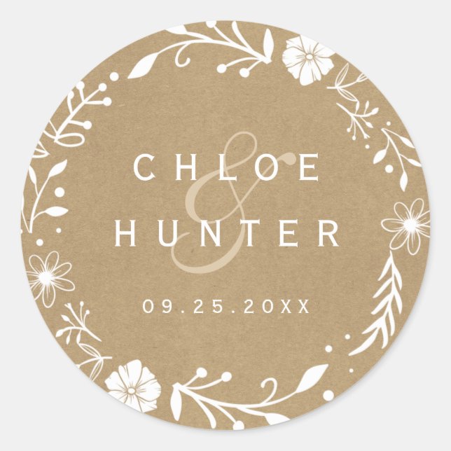 Adesivo Redondo Casamento Rustic Floral Botânico Faux Kraft (Frente)