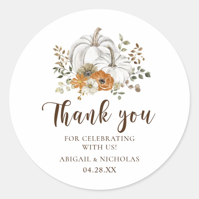 Adesivo Redondo Casamento Rustic Floral Pumpkin Obrigado Sticker (Frente)