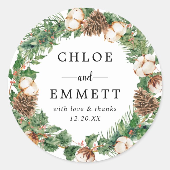 Adesivo Redondo Casamento Rustic Holly Pine Obrigado A Favor Seal (Frente)