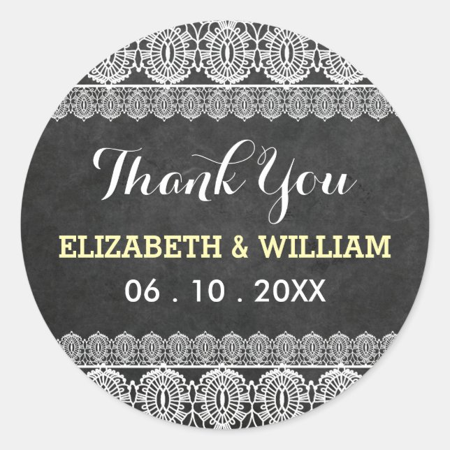 Adesivo Redondo Casamento Rustic Lace & Chalkboard Obrigado Amarel (Frente)