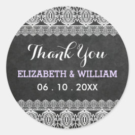 Adesivo Redondo Casamento Rustic Lace & Chalkboard Obrigado Roxo