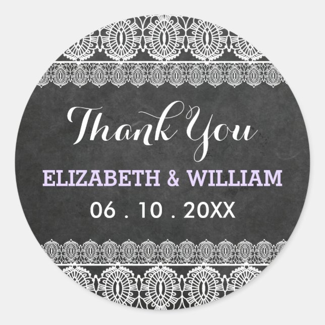 Adesivo Redondo Casamento Rustic Lace & Chalkboard Obrigado Roxo (Frente)