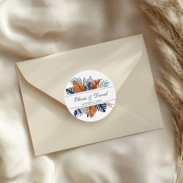 Adesivo Redondo Casamento Rustic Midnight Blue Monstera (Rustic Midnight Blue Monstera Wedding Classic Round Sticker on a wedding envelope.)