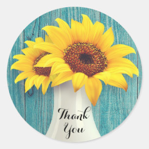 Adesivo Redondo Casamento Rustic Sunflower Blue Wood Obrigado