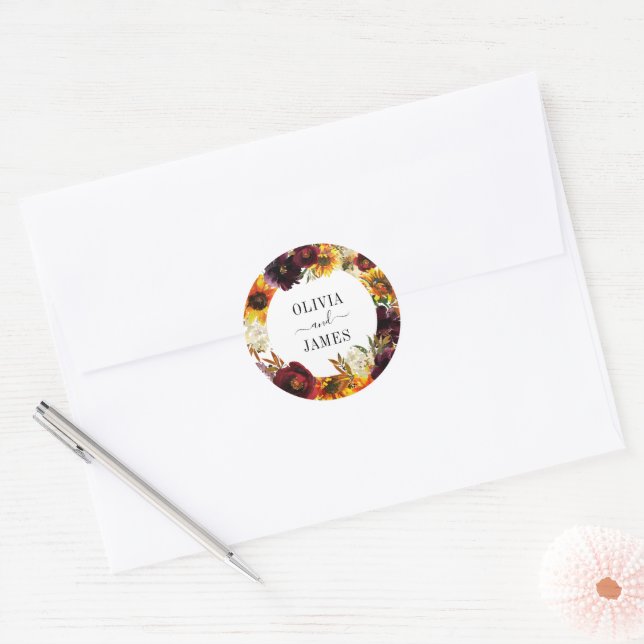 Adesivo Redondo Casamento Rustic Sunflower Rosa Burgundy Fall Wrea (Envelope)