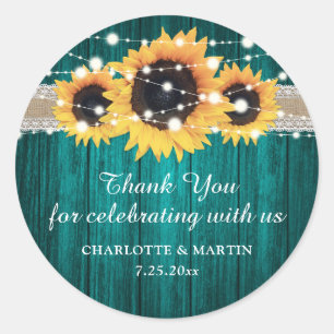 Adesivo Redondo Casamento Rustic Teal Wood Sunflower Obrigado